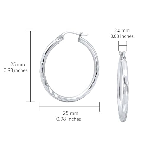 Hoops & Loops 925 Sterling Silver Diamond-Cut Hoop Earrings for Women, 2mm Textured Lightweight Click Top Hoops, 15mm 20mm 25mm 30mm, Silver 14k Yellow Gold & Rose Gold Flash Plated - color: Silver - 25mm (1'')
