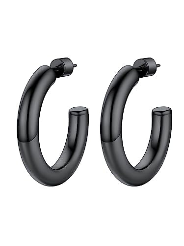 Stainless Steel Chunky Hoop Earrings For Women, Minimalist and Chic, Black/Gold Plated, Round Hoops Earrings Hypoallergenic, Size: 30mm/40mm/60mm/80mm, Come with Box - color: 2. Black, size: 30MM