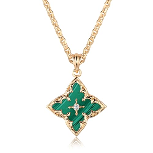 Fettero Gold Clover Necklace for Women Dainty 14K Gold Plated CZ Pendant Necklace Adjustable Chain Choker Charm Colorful Clover Pendant Lucky Necklaces for Women Jewelry - color: Malachite-green