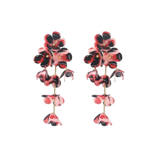 Boho Leopard Print Floral Earring Long Multi Layered Tassel Flower Earrings Fabric Flower Statement Earring Fashion Jewelry Accessories for Women - color: Pink