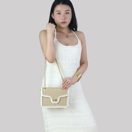 Straw Crossbody Bags for Women,Summer Beach Purse Vacation Shoulder Handbags with Pearl Trim - color: Khaki