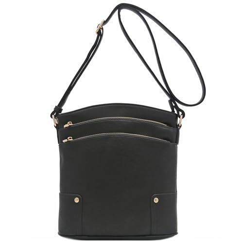 ALYSSA Triple Zip Pocket Large Crossbody Bag - color: Black