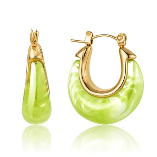 Fullpop Vintage Earrings for Women, Chunky 14K Gold Plated Resin Hoop Earrings Lightweight Hollow Drop Earrings Hypoallergenic Earrings for Women Vintage Anthropologie Jewelry Gifts for Women - size: Round-Light Green
