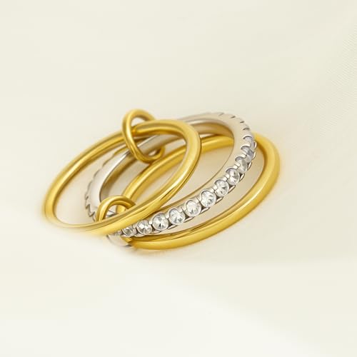 Gold Stackable Rings for Women Non Tarnish, 18k Gold Plated Cubic Zirconia Rings, Silver Gold Multi Ring Mixed Metals Stack Rings Set - color: Gold, size: 5