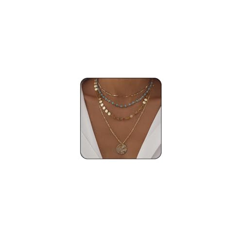 Layered Boho Necklaces for Women Gold Coin Pendant Necklaces Stackable Turquoise Choker Necklace for Women Western Jewelry - style: Style-4