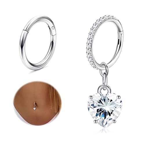 THUNARAZ 2Pcs Belly Button Rings for Women Surgical Stainless Steel Clicker Belly Rings Hoop CZ Heart Butterfly Dangle Navel Rings Belly Piercing Jewelry Silver Tone 14G - color: Silver Tone-Heart