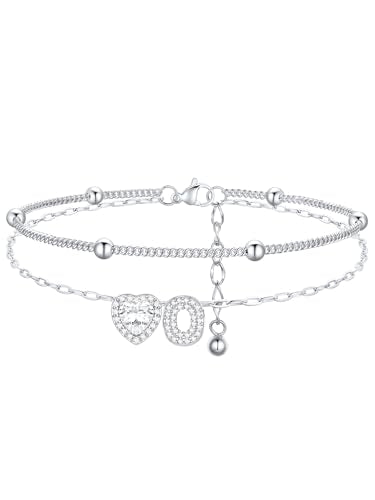 FindChic Silver/14K Gold Plated Layered CZ Initial Ankle Bracelet for Women | Waterproof Stainless Steel, Cubic Zirconia Letter Charm, Non-Tarnish, Hypoallergenic, Adjustable Extender, Summer Jewelry - color: Silver-CZ Heart, size: O