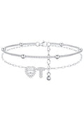 FindChic Silver/14K Gold Plated Layered CZ Initial Ankle Bracelet for Women | Waterproof Stainless Steel, Cubic Zirconia Letter Charm, Non-Tarnish, Hypoallergenic, Adjustable Extender, Summer Jewelry - color: Silver-CZ Heart, size: T