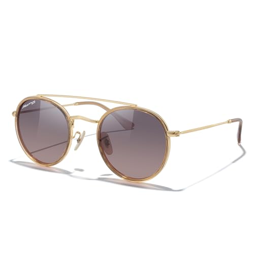 MERRY'S Retro Round Polarized Sunglasses - Unisex Double Bridge Sun Glasses - color: Tra Yellow Frame/Gold Bridge/Brown Gradient Lens