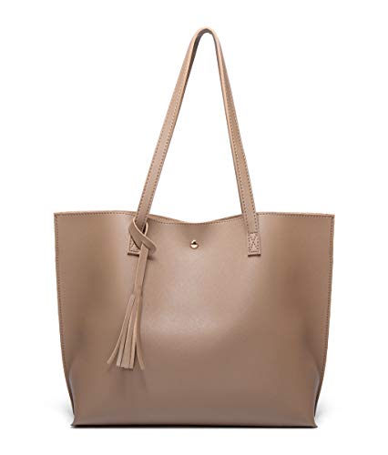 Dreubea Women's Soft Faux Leather Tote Shoulder Bag from, Big Capacity Tassel Handbag - color: Bark New