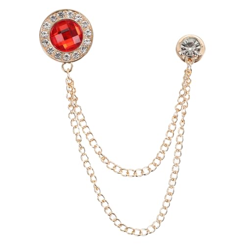 PATIKIL Gem Chain Brooch Pins, Hanging Chain Brooch Suit Pin Tassel Chain Round Crystal Badge Lapel Collar Pins for Men Shirts - color: Gold Tone(Red)