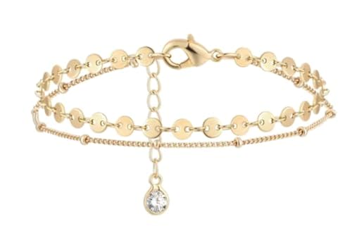 Dremmy Studios Gold Bracelet for Women 18K Gold Plated Dainty Paperclip Cubic Zirconia Disc Coin Star Cable Satellite Bead Pearl Simple Boho Minimalist Stacking Layered Link Jewelry Gift - color: Layer A