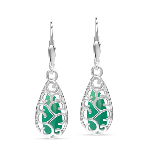 LeCalla 925 Sterling Silver Filigree Dangle Drop Leverback Earrings for Women | Long 925 Silver Dangle Leverback Earrings Hypoallergenic Filigree Tear drop Earrings Jewelry - style: Filigree Green Turquoise-35mm