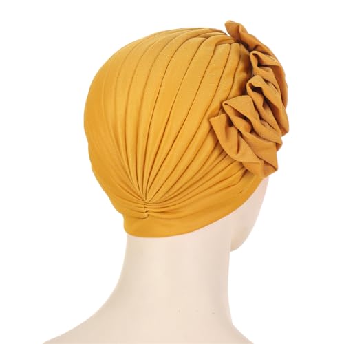 Flower Turban Hats for Women - Ruffle Bead Stretch Solid Caps Chemo Cancer Pre Tied Headscarf Headwear - color: Yellow