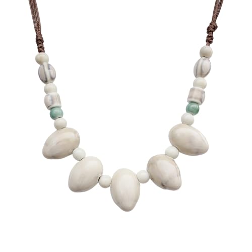 Boho Round Colorful Ceramic Beaded Necklace, Adjustable Hippie Statement Necklace, Handmade Ethnic Jewelry Gift for Women - color: White