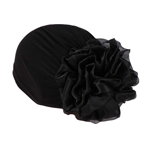 Women Big Flower Turban Hat Head wrap Headwear Cancer Chemo Beanie Cap Hair Loss Cover - color: Black
