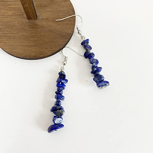 Handmade Bohemian Vintage Silver Nature Stone Beads Long Dangle Drop Earrings for Women - color: Navy Black