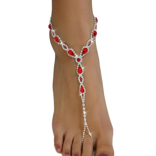 1Pair Rhinestone Tassel Anklet Barefoot Sandals Foot Chain with Toe Ring Summer Beach Crystal Hand Chain Wedding Bridal Sparkling Foot Jewelry for Women Prom - color: Red