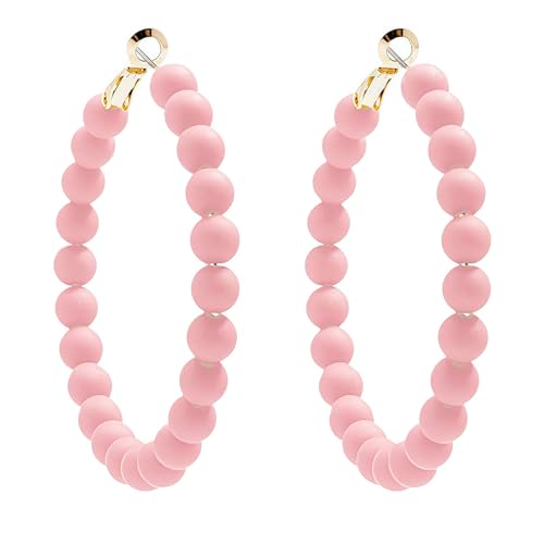 Bohemian Colorful Acrylic Resin Matte Beads Round Circle Hoop Drop Dangle Minimalist Chic Lightweight Earrings for Women Boho Geometric Beaded Statement Jewelry - color: pink