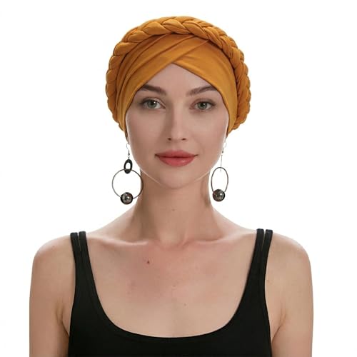 ZLYC Chemo Headwear for Women Pre Tied Turban Headwear Lightweight Beanie Hat - color: Braid Yellow