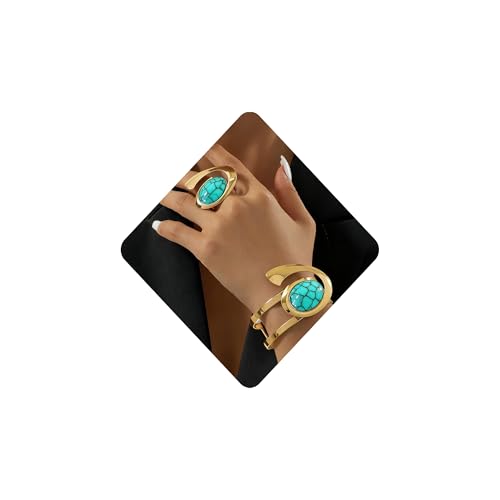Boho Open Bracelet Ring Set for Women Black and Gold Jewelry Set Oval Cuff Bracelet Adjustable Ring Vintage Jewelry - style: Turquoise