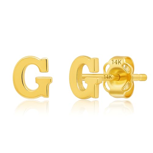 14k Gold Small Script Initial Letter Stud Earrings for Women | Anti Tarnishing 5mm 14k Gold Studs | A-Z Alphabet Earrings with Gift Box by MAX + STONE - style: G | Yellow Gold