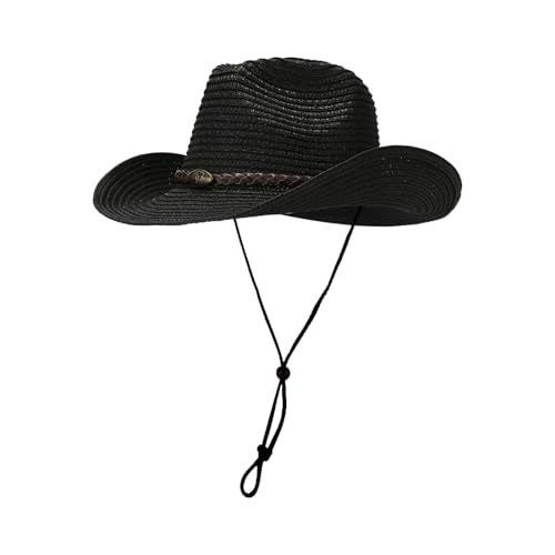Straw Cowboy Hats Western Cowgirl Hat for Holiday Woven Beach Sun Hat with Shapeable Wide Brim Cowboy Hat for Women/Men - color: Black