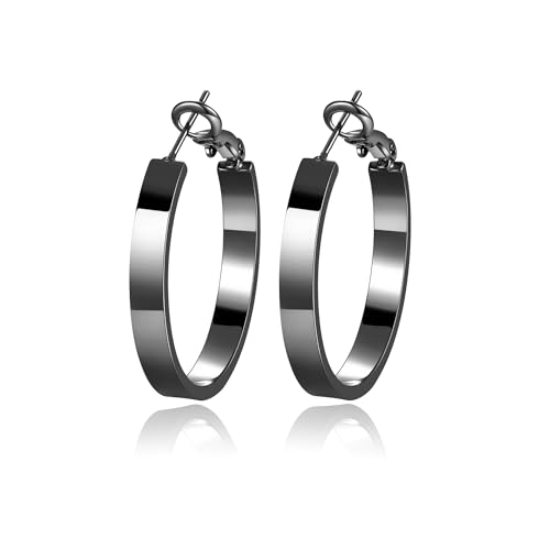 EXGOX Silver Hoop Earrings for Women - Sterling Silver & 14K Gold Plated - Hypoallergenic 925 Silver - Big Hoop Earrings (30/40/50/60/70mm) - color: 4MM Wide-Black 30mm