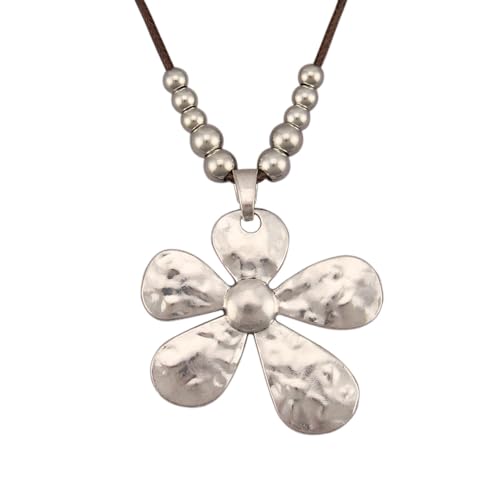 Bohemian Women's Leather Long Pendant Necklace Sweater necklace Adjustable Retro Woven Handmade Jewelry - color: Silver Flower