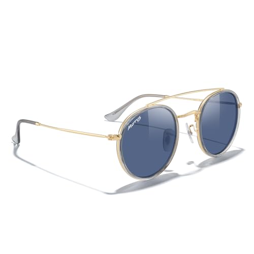 MERRY'S Retro Round Polarized Sunglasses - Unisex Double Bridge Sun Glasses - color: Tra Gray Frame/Gold Bridge/Blue Lens