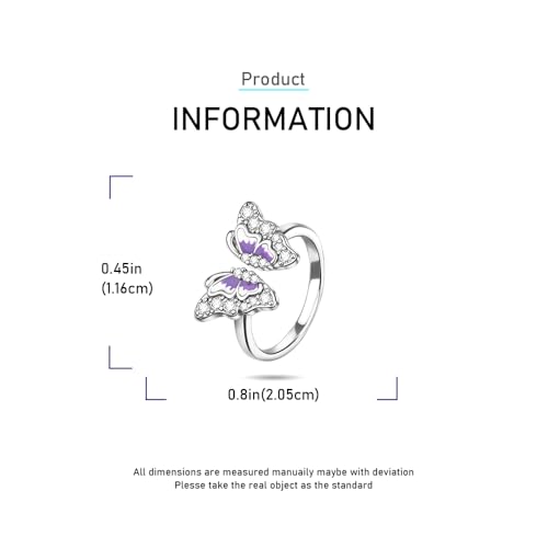 PARCOM Adjustable Women Stackable Ring, 925 Sterling Silver Open Rings - Trendy Eternity Cubic Zirconia Stackable Band Engagement Promise Ring for Her, Hypoallergenic Non Tarnish Nature Bird Floral Thumb Rings - color: Gradient Butterfly