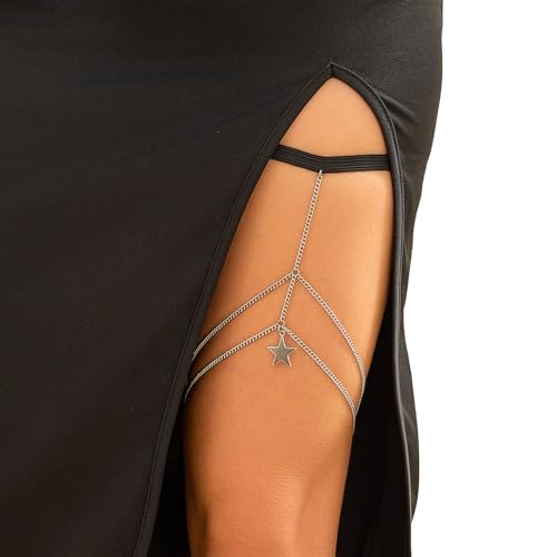 Multi-Layered Thigh Chains Jewelry, Bikini Elastic Tassel Leg Chain, Summer Beach Body Chain, Simple Metal Thigh Body Chain for Women - color: Star-Silver