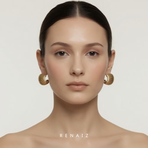 RENAIZ Bold Statement Hoop & Stud Earrings for Women – 14K Gold & Rhodium Plated Maximalist Jewelry, Chunky Geometric Boho Earrings, Hypoallergenic Non-Tarnish Trendy Gift - color: Yellow Gold, style: Chunky