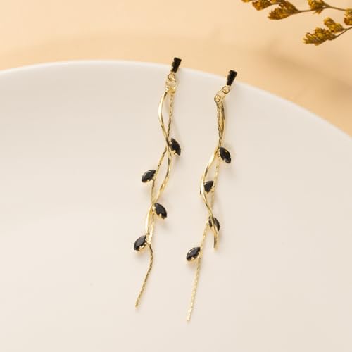 Temperament Long Zircon Tassel Earrings for Women Charm Jewelry Sparkling Crystal Leaves Twist Dangle Earrings for Friends - color: Gold-Balck Leaves