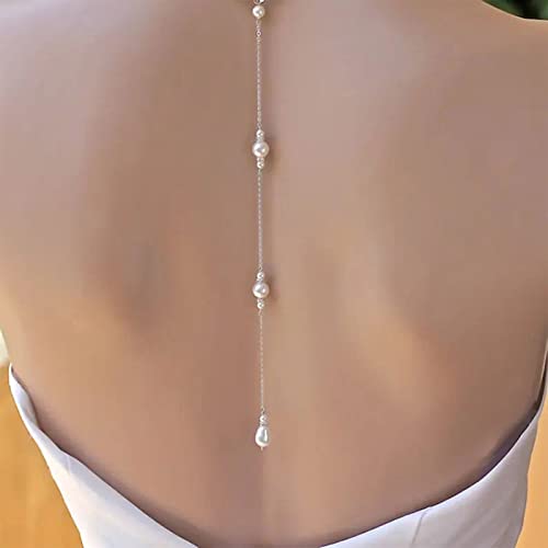 Boho Pearl Back Chain Necklace Silver Pearl Crystal Backdrop Necklace Body Chain Long Bridal Back Drop Chain Summer Beach Body Jewelry for Women