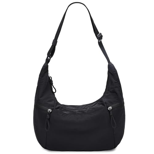 VASCHY Crossbody Crescent Bag for Women, Casual Lightweight Nylon Large Slouchy Hobo Bags Purses for Travel/Gym/Work/College - color: Black