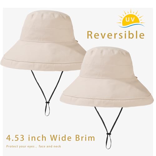 vidsel Womens Sun Hats Wide Brim Reversible Bucket Cotton Hat Packable Summer Travel Cap with Hat Clip,UV Protection - color: Medium-beige1, size: Medium