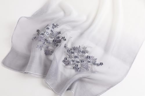 WINCESS YU Women Mulberry Silk Scarf Long & Large Embroidered Floral Pattern Shawl and Wraps Neckerchief for Hair & Neck - color: Gradient Light Grey