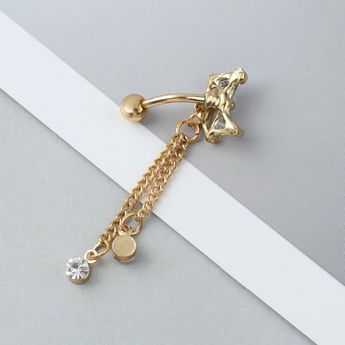 14G CZ Bowknot Reverse Belly Button Rings for Women Stainless Steel Pink Purple Crystal Bow Chains Tassel Dangle Belly Navel Rings Navel Curved Barbell Body Piercing Jewelry - color: White