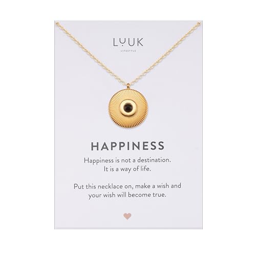 LUUK LIFESTYLE Minimalist necklace with rainbow pendant, HAPPINESS slogan card, symbol of diversity, waterproof stainless steel, gift for women, trendy, chic, silver - color: Gold, size: Coin with black stone