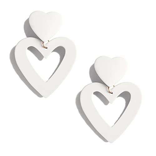 Double Heart Earrings Dangling Heart Drop Earrings For Women Love Heart Dangle Earrings Birthday Gift - color: White