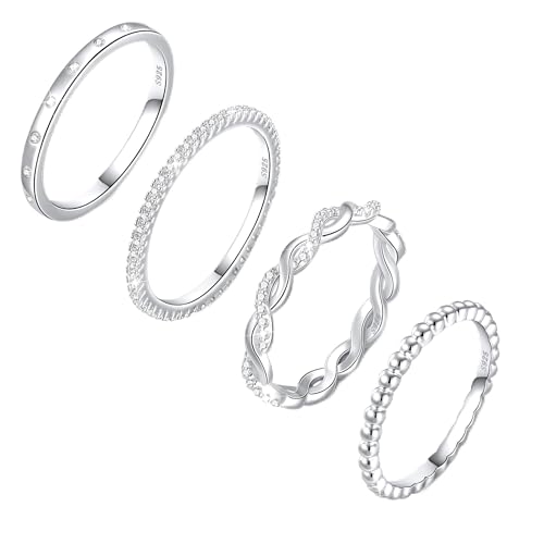 Sterling Silver Ring for Women, 4PCS Thin Stackable Rings Cubic Zirconia Thumb Ring Set Engagement Statement Wedding Bands for Women Size 5-10 - color: Twist band set, size: 6 (Circum 51.5mm)