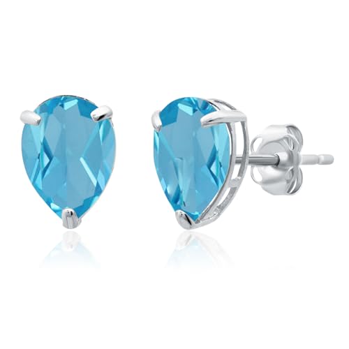 14k Yellow or White Gold Teardrop Gemstone Pear Shape Stud Earrings for Women with Push Backs and 8mm x 6mm Birthstone by MAX + STONE - color: Genuine Swiss Blue Topaz