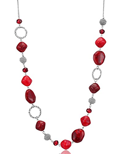 BULINLIN Beaded Long Necklace for Women Silver Sweater Chain Necklace with Crystal Resin Beads, Fashion Jewelry Necklace - color: 53-Dark light red