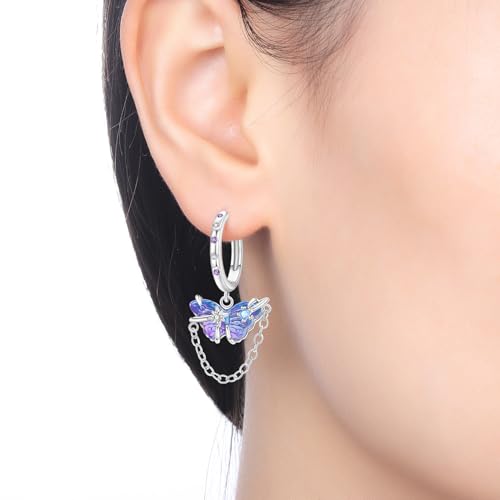 925 Sterling Silver Dangle Earrings for Women, Butterfly&Bee Animals Design, Hypoallergenic Jewelry gifts - color: Purple butterfly earrings