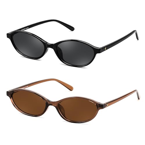 FEISEDY Retro Oval Sunglasses for Women Cat Eye 90s Lightweight Narrow Shades Trendy Sun Glasses B4196 - color: 2 Pack Brown+black