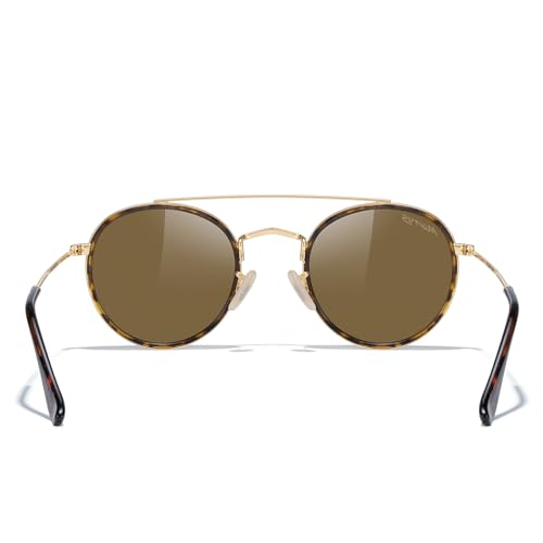 MERRY'S Retro Round Polarized Sunglasses - Unisex Double Bridge Sun Glasses - color: Leopard Frame/Gold Bridge/Brown Lens