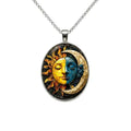 1pc Stunning Round Pendant Necklace - Unique Sun & Moon Pattern, Oil Painting Style Glass Mosaic, Alloy Construction, Trendy Sweater Chain, Fashionable Gift for Women - Christmas or Birthday Gift - color: Sun/Moon Oval