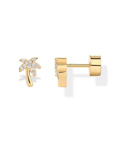 PAVOI 14K Gold Plated Dainty Flat Back Earrings for Women - Hypoallergenic Sterling Silver Posts Helix Cartilage Piercing Jewelry - Emoji Motif Bow Celestial Flatback Gold Stud Earrings Screw Back - style: Palm Tree