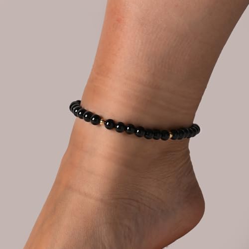 Softones 6mm Natural Stone Anklet for Women Gemstone Ankle Bracelets for Women Healing Energy Crystal Anklets Adjustable(8.5-10 Inches) - color: Black Agate